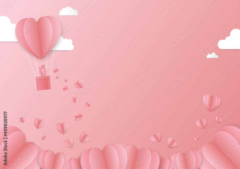 Valentines day card with heart balloons in the sky and Love Honeymoon trip.