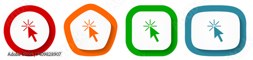 Click here vector icon set, flat design buttons on white background