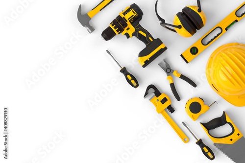 Set of construction tools for repair and installation on white background photo