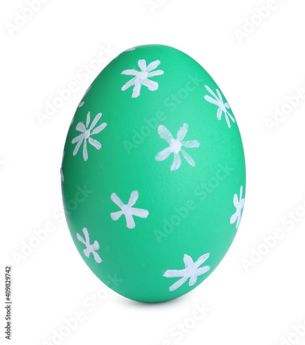Painted green egg with pattern isolated on white. Happy Easter