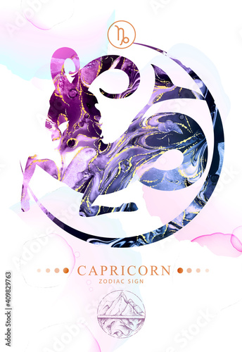 Modern magic witchcraft card with astrology Capricorn zodiac sign  with alcohol ink texture. Zodiac characteristic. Marble texture background