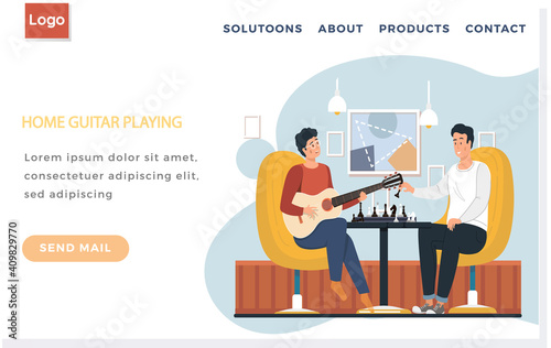 Website with home guitar playing concept. Guy with stringed musical instrument. Men play chess. People at home enjoying time with guitar. Friends move chess pieces in board game vector illustration