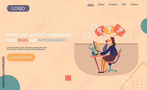 People successfully organizing their tasks and appointments landing page template, businesswoman sitting at table with laptop and planning. Time management and problem execution control, schedulling photo