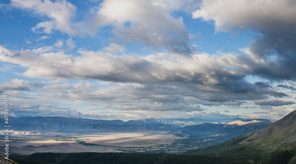 Mountain landscape, view of the valley. Gloomy evening. Mountain landscape, view of the valley. Gloomy evening.