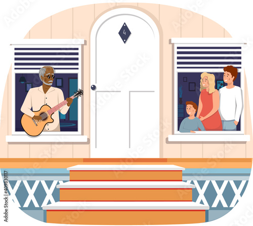 Fashionable elderly man sings to family. People on balcony are listen to guitar playing. Musicians play strings on instrument. View from threshold to windows of house. Person sings song to audience