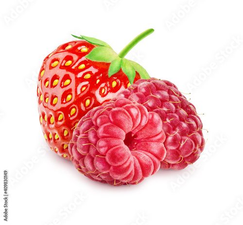 Berries mix isolated - strawberry and raspberry on white background