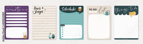 Set of planners and to do list with cute illustrations. Template for agenda, schedule, planners, checklists, notebooks, cards and other stationery.
