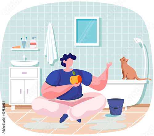 Pet owners landing page template guy sits with apple in bathroom on floor talking to clever cat. Animal sitting on bathtub looks at man. Fun time with pet at home. Male playing with small kitten