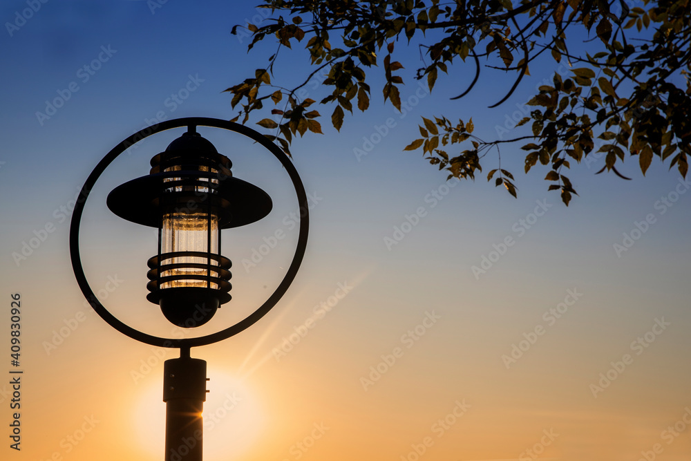 Outdoor lights (lanterns, bollards) in illuminating a walkway in the garden at sunset,