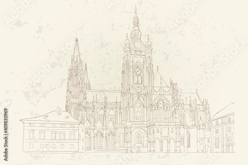 vector sketch of St. Vitus Cathedral in Prague  Czech Republic