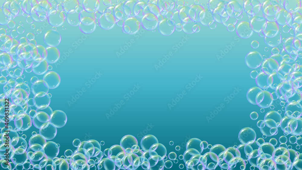 Suds bubble. Detergent bath foam and soap for bathtub. Shampoo. 3d vector illustration layout. Stylish fizz and splash. Realistic water frame and border. Blue colorful liquid suds.
