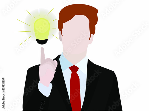 An adult man shows a thumb up. Sudden idea. Search for solutions to problems. Vector graphics.