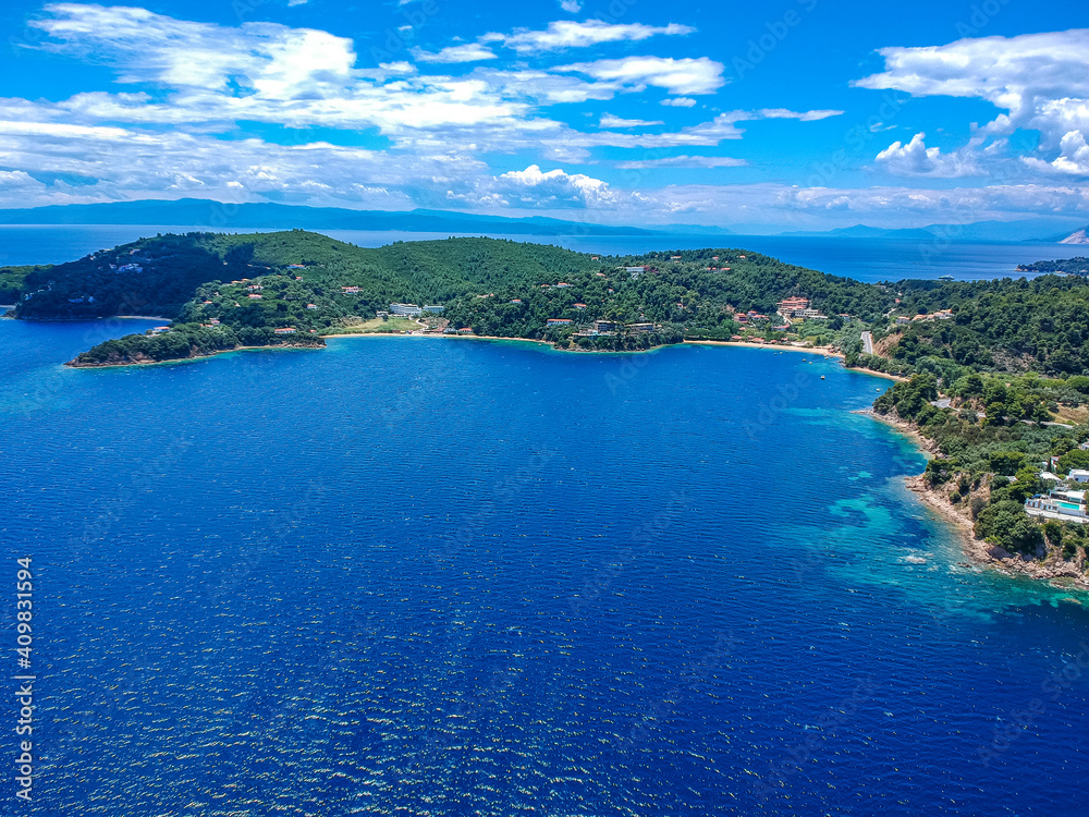 Aerial view over southern skiathos island, Greece with modern hotels and luxurious villas in Sporades, Greece, Aerial view over southern skiathos island, Greece with modern hotels and luxurious villas in Sporades, Greece,