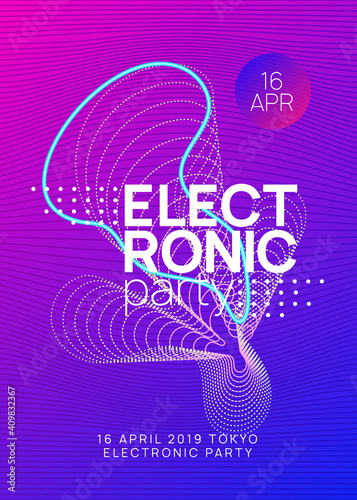 Electronic party. Geometric show invitation layout. Dynamic gradient shape and line. Neon electronic party flyer. Electro dance music. Techno fest event. Trance sound. Club dj poster.