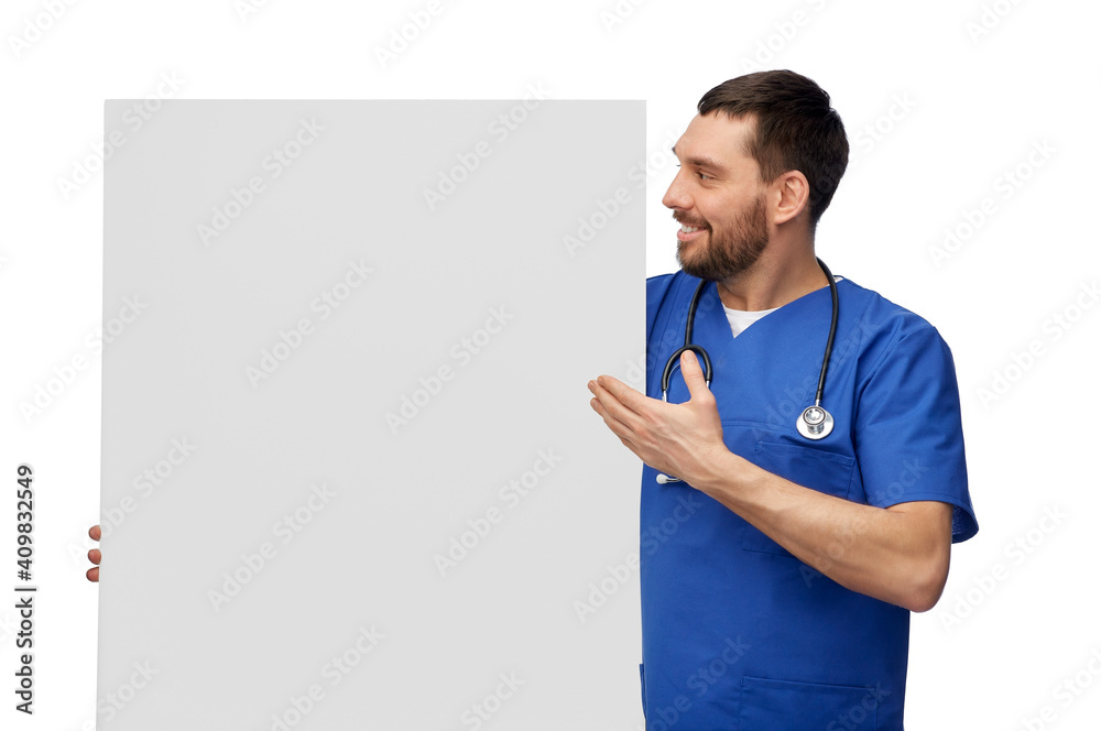 healthcare, profession and medicine concept - happy smiling male doctor or nurse in blue uniform with big board over white background healthcare, profession and medicine concept - happy smiling male doctor or nurse in blue uniform with big board over white background