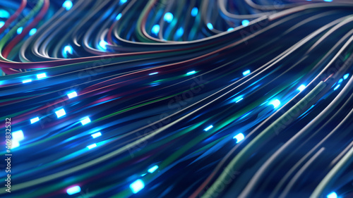 Bundles of abstract optical fiber lines. Bright light signals quickly transmit data for high speed internet connection. Technology and internet concept. 3d illustration photo