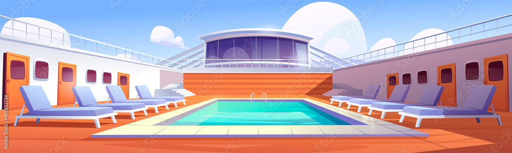 Swimming pool on cruise ship deck. Summer vacation, sea travel and relax. Vector cartoon illustration of luxury passenger liner with empty pool with blue water and beach chairs - obrazy, fototapety, plakaty 