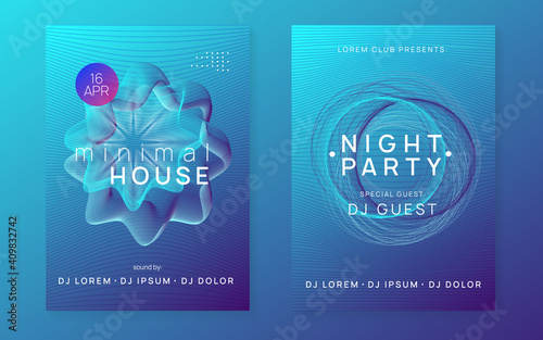 Dj flyer. Wavy discotheque brochure set. Dynamic gradient shape and line. Neon dj flyer. Electro dance music. Electronic sound event. Club fest poster. Techno trance party.