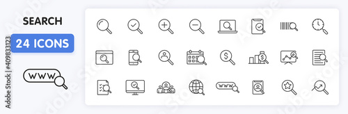 Set of 24 Search web icons in line style. SEO analytics, Digital marketing data analysis, Employee Management. Vector illustration.