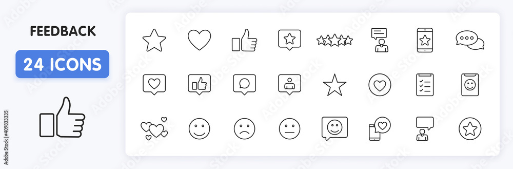 Set of 24 Feedback and Review icons in line style. Star Rating, Emotion ...