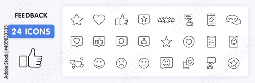 Set of 24 Feedback and Review icons in line style. Star Rating, Emotion symbols. Vector illustration.