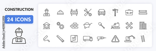 Set of 24 Construction web icons in line style. Building, engineer, business, road, builder, industry. Vector illustration.