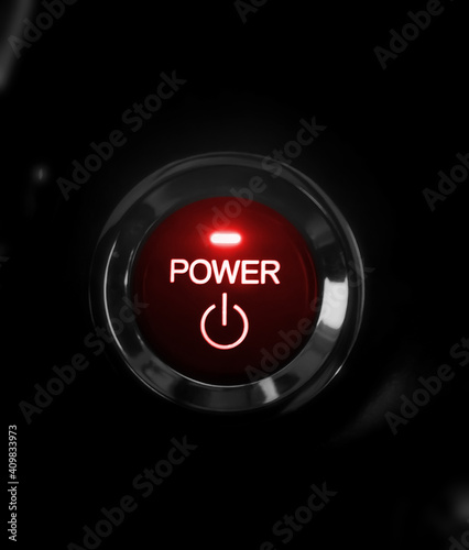 Car Engineer Power Button in Red Color. Shining power button of vehicle. photo