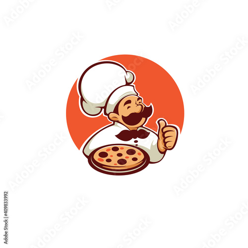 pizza maker chef vector icon, label, logo