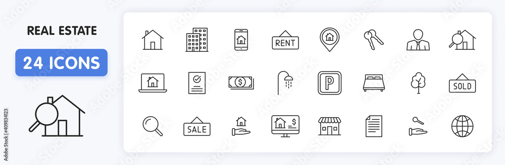 Set of 24 Real Estate web icons in line style. Rent, building, agent, house, auction, realtor. Vector illustration. Set of 24 Real Estate web icons in line style. Rent, building, agent, house, auction, realtor. Vector illustration.