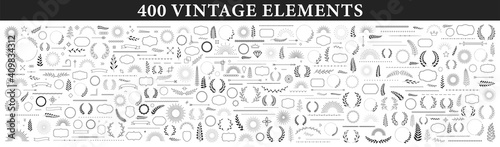 Set of 400 design elements. Wreath, frames, calligraphic, swirls divider, laurel leaves, ornate, award, arrows. Decorative vintage line elements collection. Vector illustration. photo