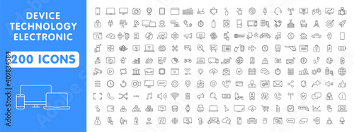 Big set of 200 Technology and Electronics and Devices web icons in line style. Device, phone, laptop, communication, smartphone, ecommercem, network, business, media. Vector illustration.