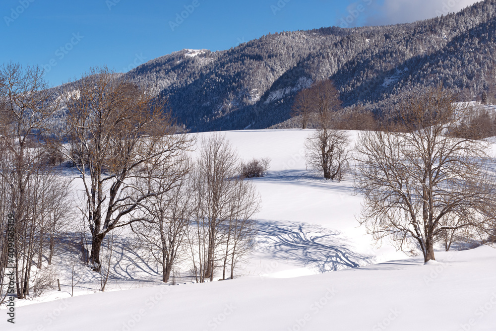 French winter landscapes. Panoramic view of mountain peaks and canyons. Vercors Regional Natural Park. French winter landscapes. Panoramic view of mountain peaks and canyons. Vercors Regional Natural Park.