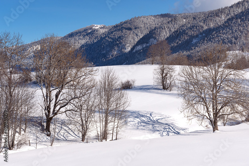 French winter landscapes. Panoramic view of mountain peaks and canyons. Vercors Regional Natural Park.