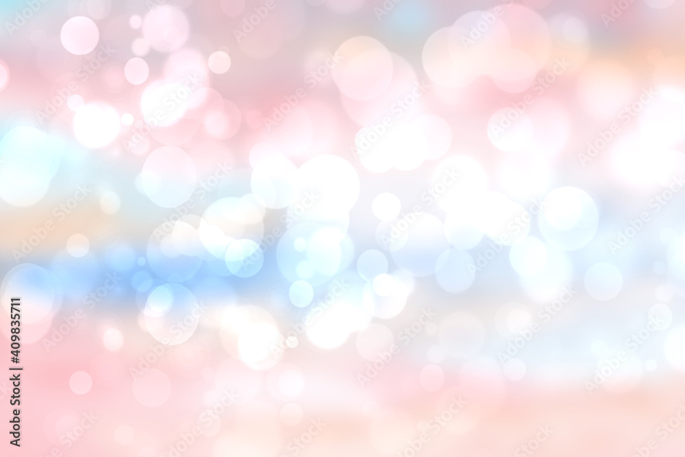 Abstract blurred vivid spring summer light delicate pastel pink blue bokeh background texture with bright soft color circles and bokeh lights. Card concept. Beautiful backdrop illustration.