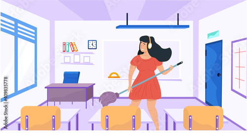 Girl with headphones washing floor. Musician imagines guitar and plays in class. Woman is playing mop like guitar at school. Person creates music. Female character performs songs and cleans