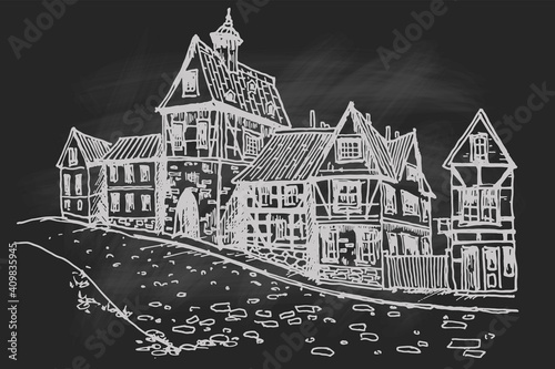 Vector sketch of half-timbered houses. Medieval european architecture. Hand drawn vector illustration.