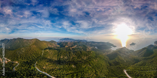 Aerial 360 panorama view over Skopelos island, Sporades, Greece