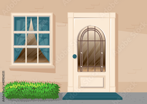 House facade architecture elements with door and window at daytime. Background vector illustration.