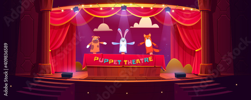 Puppet theater on stage, funny dolls perform show for children on scene with red curtains, stairs and illumination. Hand toys dog, rabbit and fox theatrical performance, Cartoon vector illustration