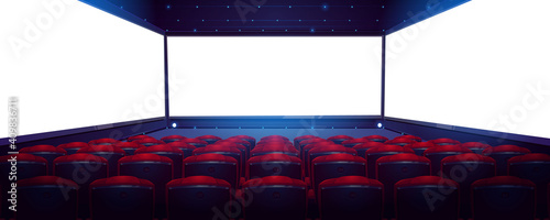 Movie theater, cinema hall with white screen and rows of red seats rear view. Empty interior with light blank screen, chair backs and illumination on ceiling and floor, Cartoon vector illustration