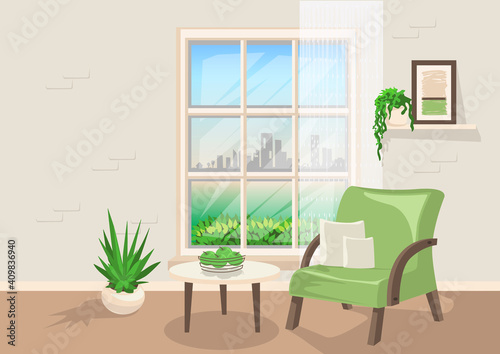 Living room interior with window and furniture and houseplants in the daytime. Vector illustration for the interior of the room.