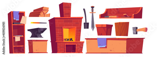 Forge or blacksmith stuff and furniture, burning oven, sword, anvil, scoop and hammer with wood logs, wooden shelves, chair and desk with ragged fabric. Cartoon vector illustration, isolated icons set