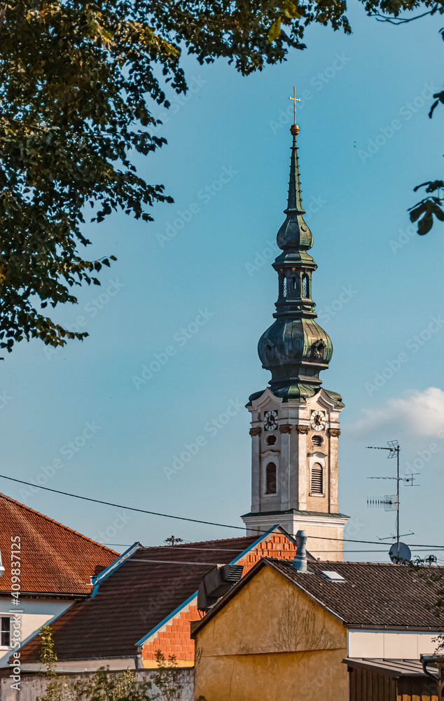 Beautiful summer view with a church at Obernberg, Inn, Upper Austria, Austria