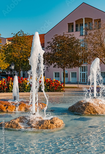 Beautiful summer view with a water fountain at Therme Bad Griesbach, Bavaria, Germany