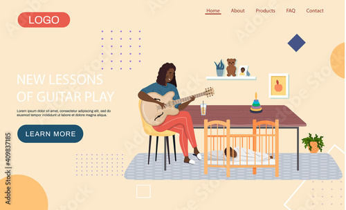 Website with new lessons of guitar play. Girl with musical instrument sings lullaby to child at night. Afro American woman playing guitar. Mom is singing to baby. Landing page design layout
