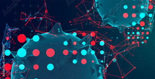 Sphere or virus theme with connected lines in technology style. Wireframe illustration. Abstract 3d grid design.