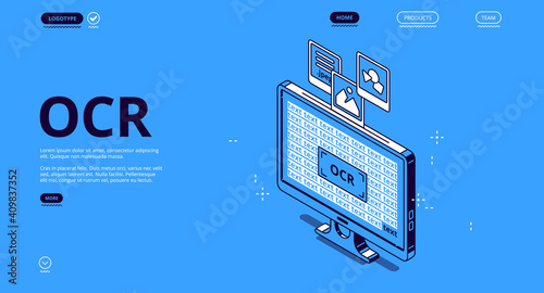 Optical character recognition, ocr isometric landing page. Electronic conversion handwritten script or image data to machine encoded text, computer technologies concept, 3d vector line art web banner photo