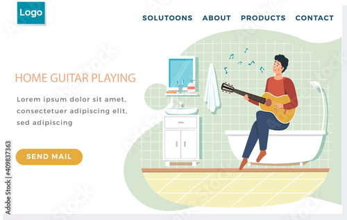 Man sings song. Guy sitting on bathtub in bathroom with guitar. Guitarist making melody at home. Person creates music. Male character uses musical instrument. Website about home guitar playing