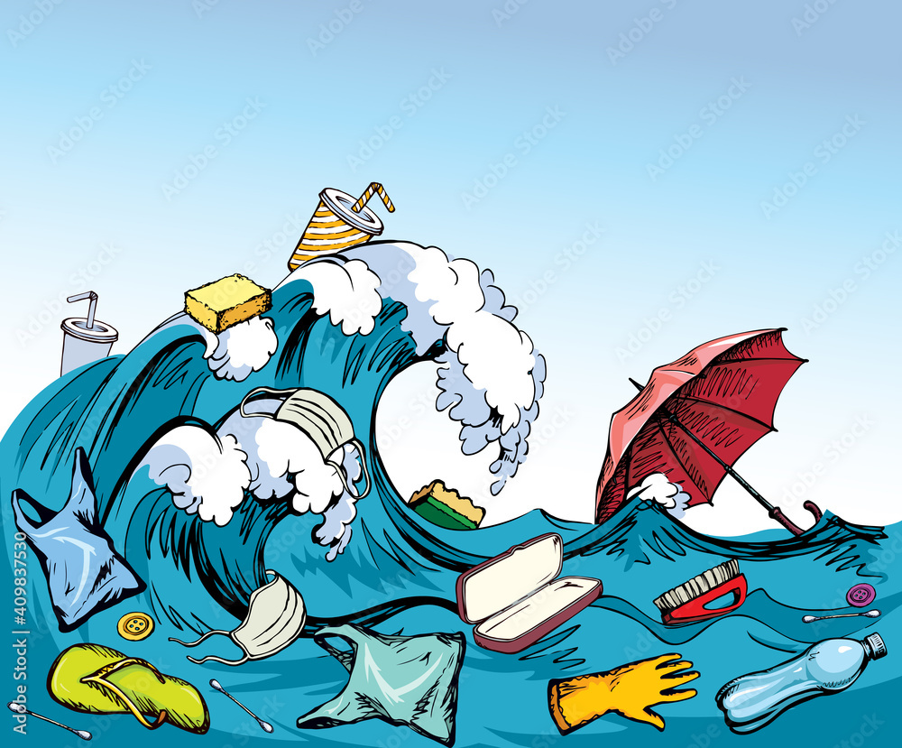 Ocean pollution from plastic waste. Vector drawing vector de Stock