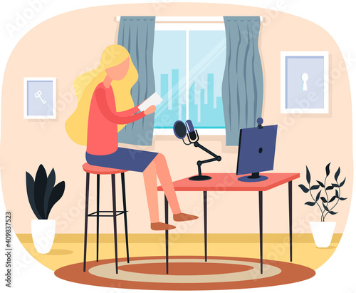 Young girl blogger live streaming. Cute female making video content to vlog sitting with laptop and microphone. Woman vlogger online interview. Recording podcast, broadcast, social media network
